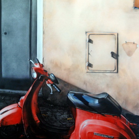 Italy, Mediterranean, still life, handmade, art, airbrush, canvas, photorealistic, painting, Rome, Vespa, rd, scooter, antique, wall, autumn, bike, motorcycle, tamas mike <img src='assets/img/sold.png' />
